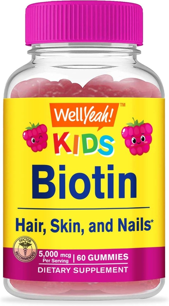 WellYeah Biotin Gummies for Kids 5000 mcg - Supports Hair Growth, Skin Health, and Nails - Natural Sourced Flavors - GMO Free, Gluten Free - Gummy for Boys and Girls - 60 Count