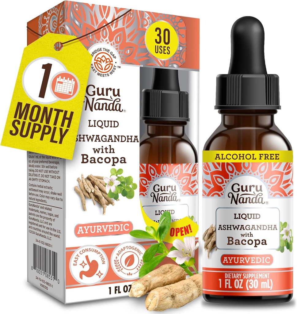 GuruNanda liquide Ashwagandha avec Bacopa (1 Fl Oz) - Supplément alimentaire naturel- gouttes d'extrait liquide - pour les hommes et les femmes- Vegan et sans alcool - Aides en immune, Focus & Relaxation Support