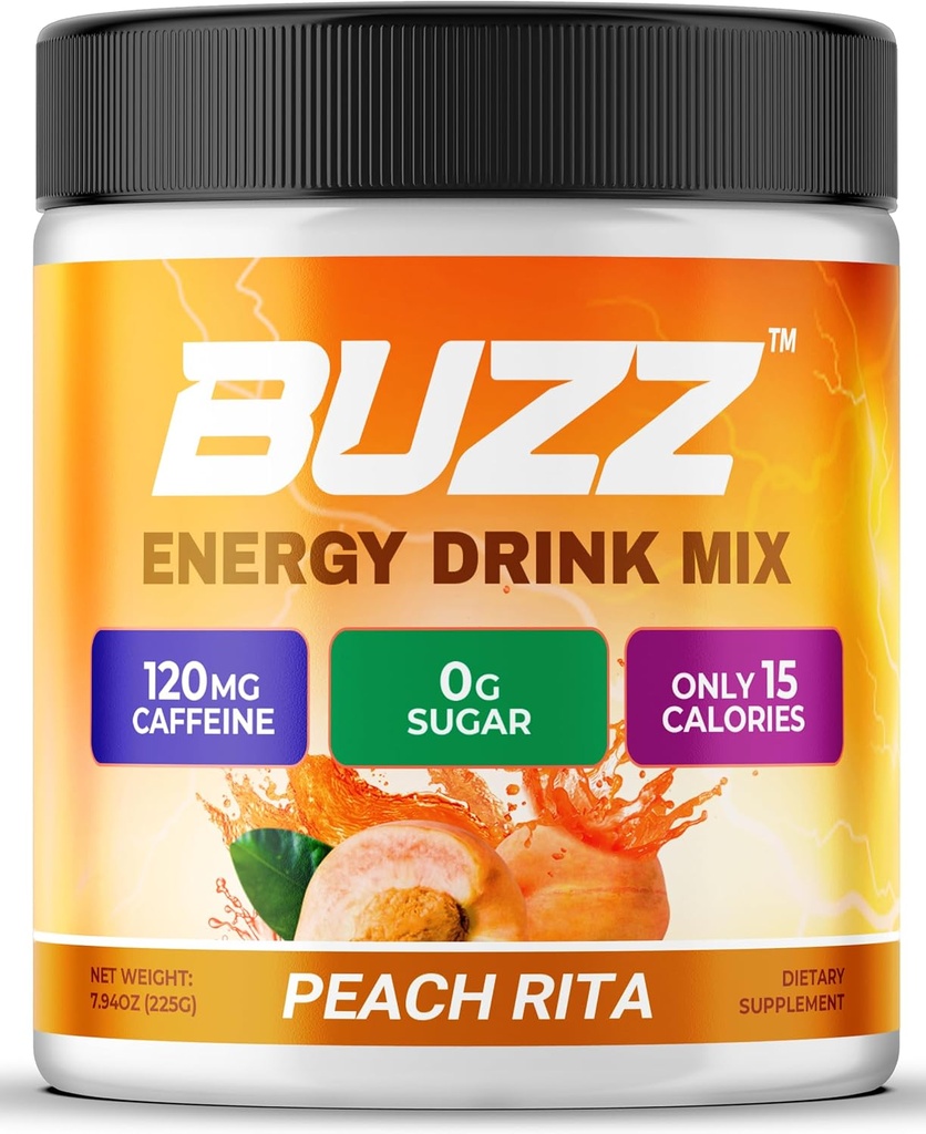 Buzz Energy Drink Powder - Energy Boost Drink Mix - L'énergie sans sucre avec des antioxydants - Morning Kickstart et Sport Nutrition Endurance Product - 30 portions, Peach Rita, 8 onces