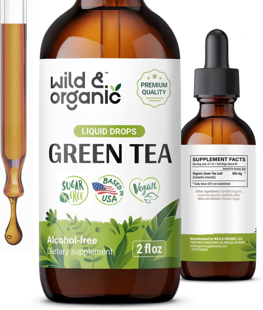 Extrait de thé vert sauvage et biologique gouttes liquides - Supplément antioxydant - Suppléments de thé vert naturel avec/Camelia Sinensis - Teinture végétalienne, sans sucre et sans alcool - 2 fl oz