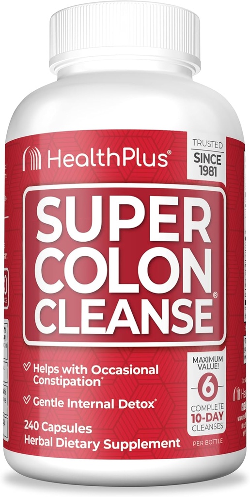 Health Plus Super Colon Cleanse 60 jours d'approvisionnement de doux Gut Cleanse Detox, Psyllium Husk, Probiotiques pour le soulagement de la constipation et le soutien digestif, 240 capsules