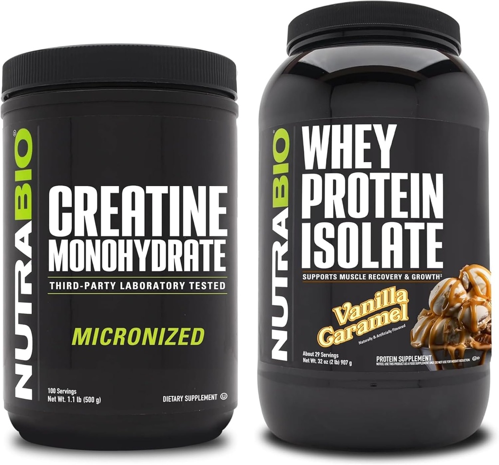NutraBio Créatine monohydratée, non aromatisée, Isolée de protéines de 500g et de lactosérum, Caramel de vanille, supplément - Énergie musculaire, croissance musculaire maigre, récupération et force