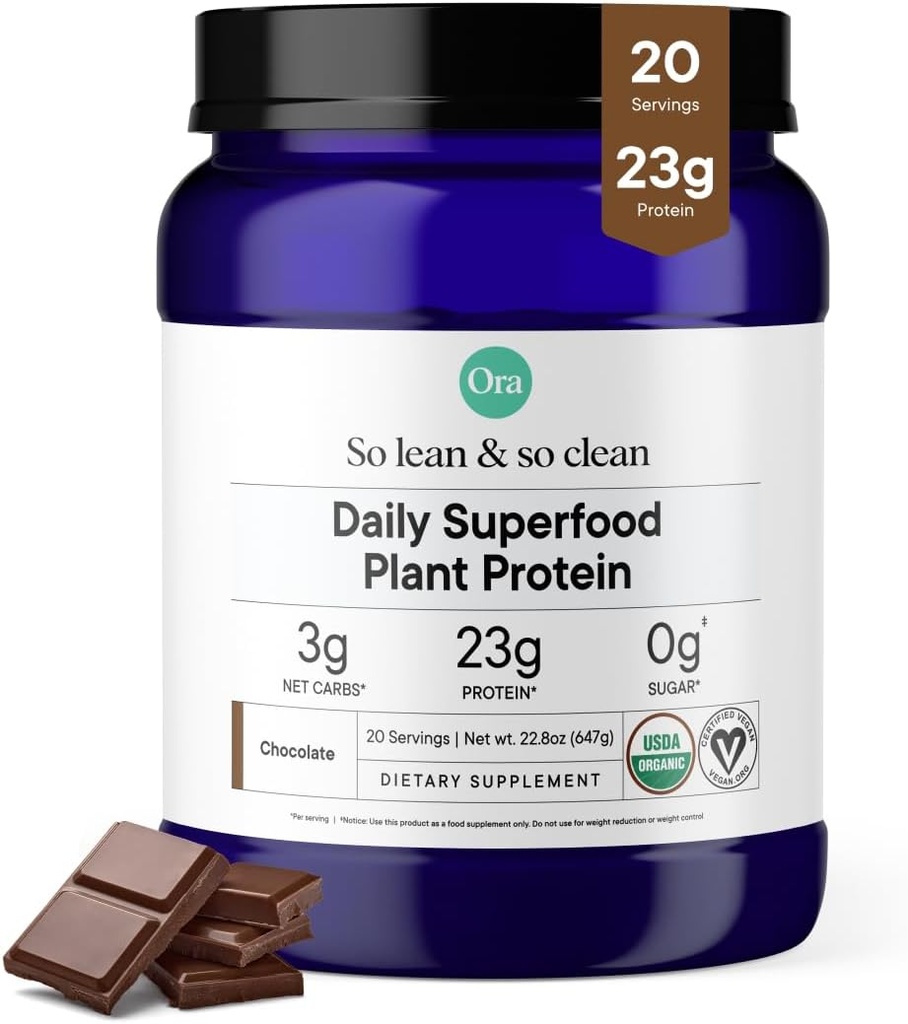 Ora Bio Vegan Protein Powder - Protéine végétale 23g pour les femmes et les hommes - Chocolat Saveur 20 portions, sans bloat, sans gluten, sans OGM, sans édulcorants artificiels