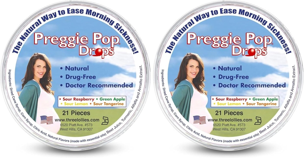 Trois Lollies Preggie Pop Drops - 21 gouttes - Matin de soulagement de la maladie pendant la grossesse - En sécurité pour maman enceinte et bébé - Sans gluten - Quatre saveurs: citron, framboise, pomme verte, Tangerine (paquet de 2)