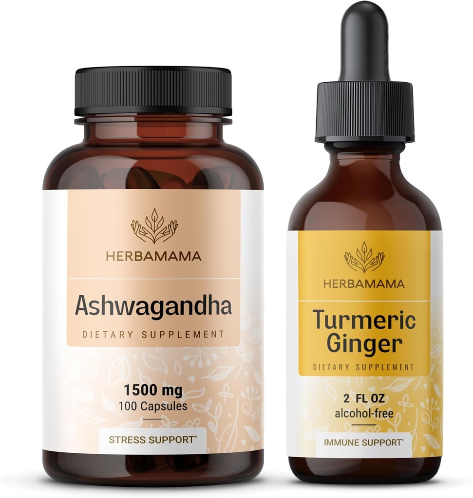 HERBAMAMA Ashwagandha and Turmeric Ginger Kit - Ensemble de 1 500 mg Ashwagandha Capsules Racines et Teinture de Ginger Turmeric 2 fl oz - Vegan, Non-OGM, Sucre et Sans alcool - 2 Pack