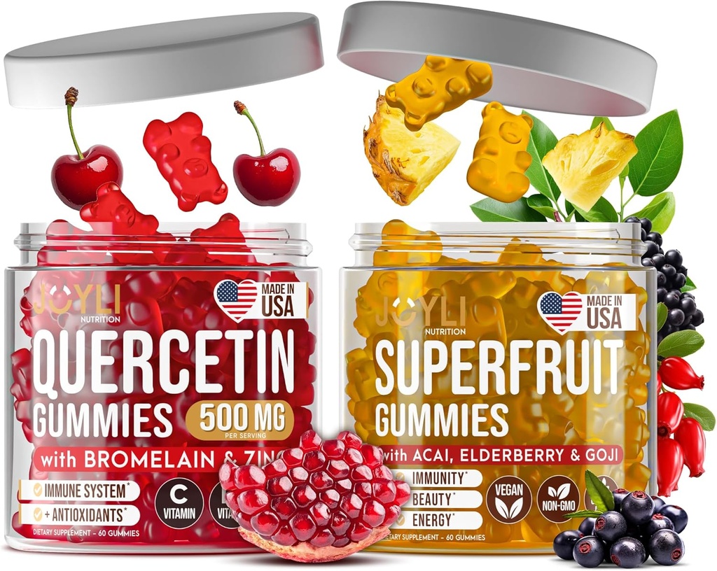 Joyli Quercetin & Superfruit Gommies Bundle – Immune & Antioxydant Support – Formule multivitamine végétalienne avec vitamines A, C, D, E, Zinc, Goji & Elderberry – 2 Pack pour adultes