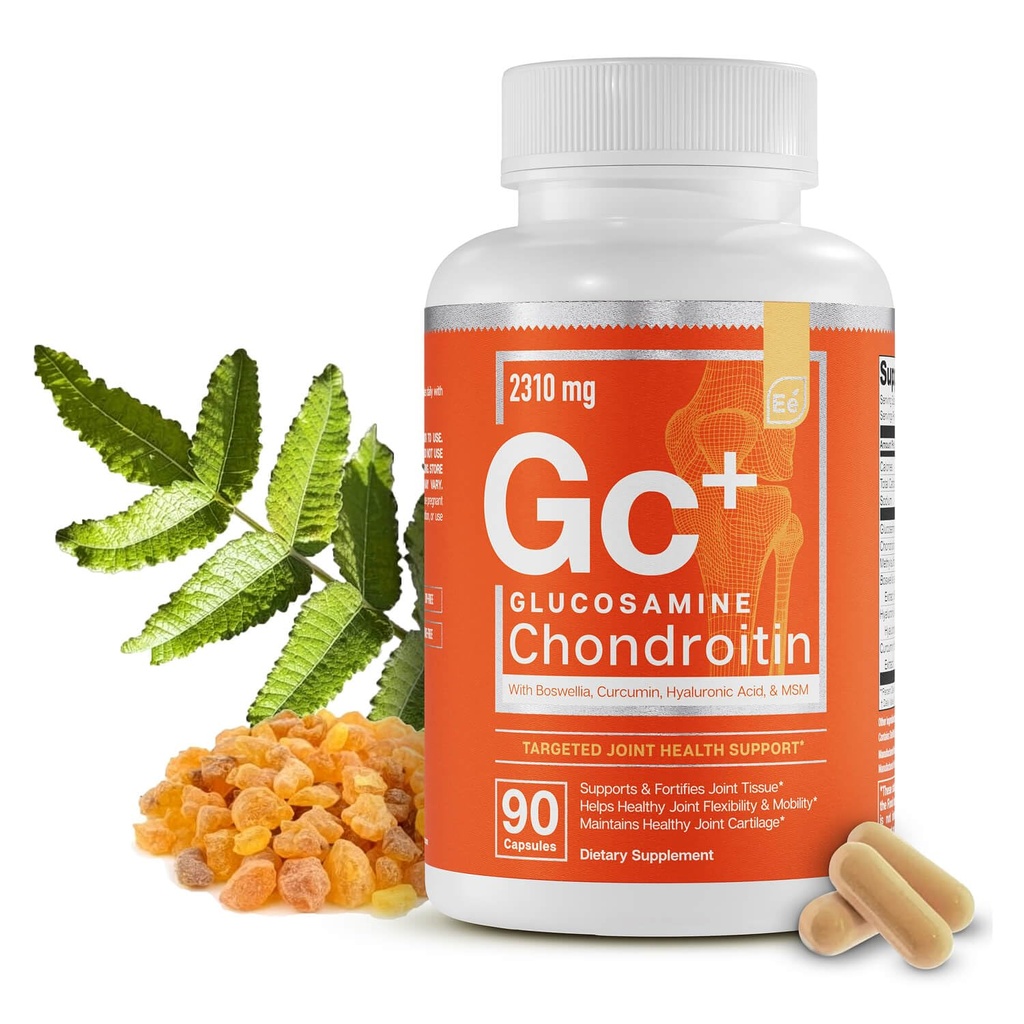 Éléments essentiels Glucosamine Chondroïtine MSM Boswellia Serrata Supplément à l'acide hyaluronique Soutien joint Supplément antioxydant pour la flexibilité - 90 Capsules