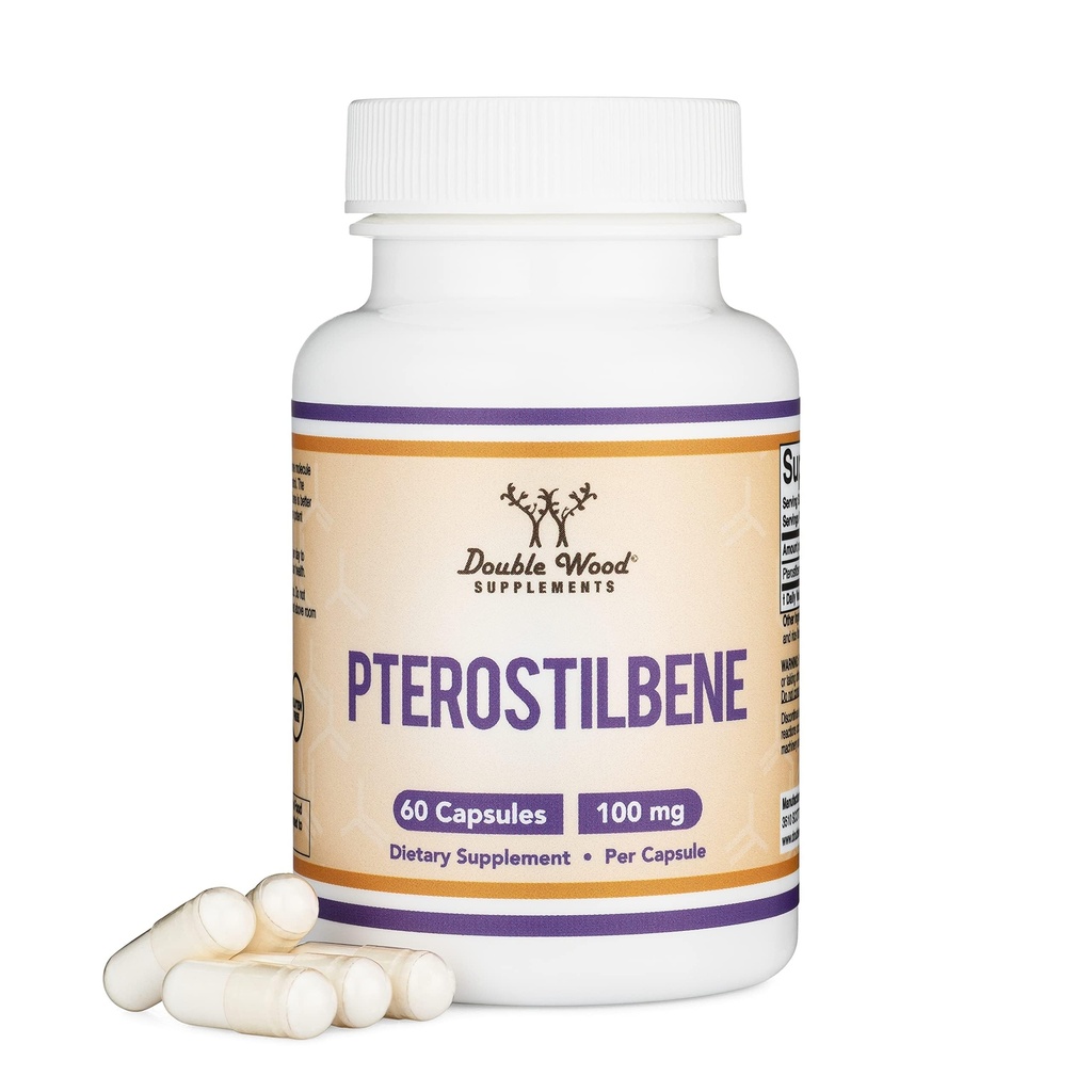 Pterostilbene Supplément 100mg Capsules (Tiers Testés) 60 Capsules, Supérieur au Resvératrol, Antioxydant pour le support de la longévité (non-OGM, sans gluten) par Double Wood