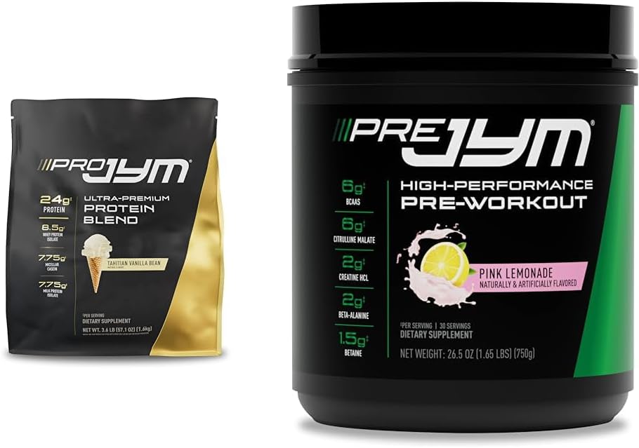 PRO JYM 45 portions Vanille tahitienne + PRE JYM 30 portions Limonade rose pré-entraînement en poudre