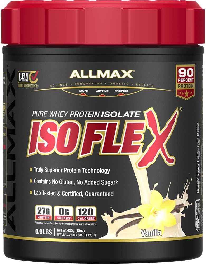 ALLMAX ISOFLEX Isolate de protéines de lactosérum, Vanille - 1 lb - 27 grammes de protéines par scoop - Zéro gras et sucre - 99% Sans lactose - Sans gluten et sans soja - Env. 15 Services