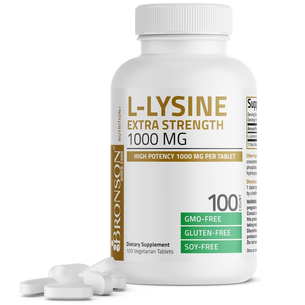 Bronson L-Lysine Extra Strength 1000 MG par comprimé Haute puissance, Immuni Support et Supports Collagène Synthèse, Non-OGM, 100 comprimés végétariens