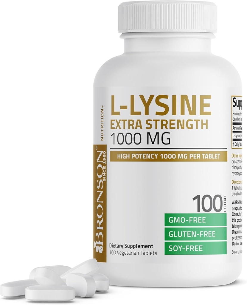 Bronson L-Lysine Extra Strength 1000 MG par comprimé Haute puissance, Immuni Support et Supports Collagène Synthèse, Non-OGM, 100 comprimés végétariens