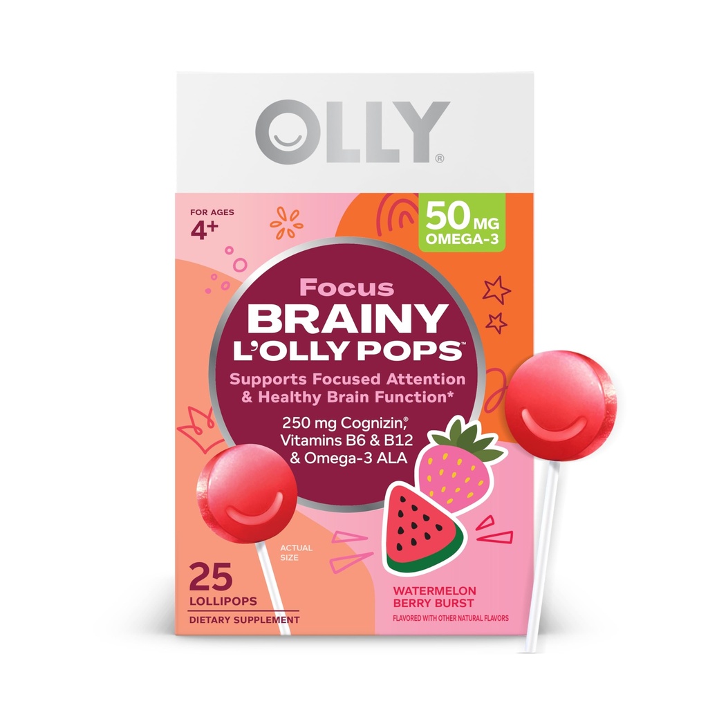 L'OLLY Focus Buddies L'OLLY Pops, Cognizin, Vitamines B6 et B12, Oméga-3 ALA, soutient l'attention focalisée et la fonction cérébrale saine,* Enfants 4+ Supplément alimentaire, Fraise de pastèque aromatisée, 25 Comte
