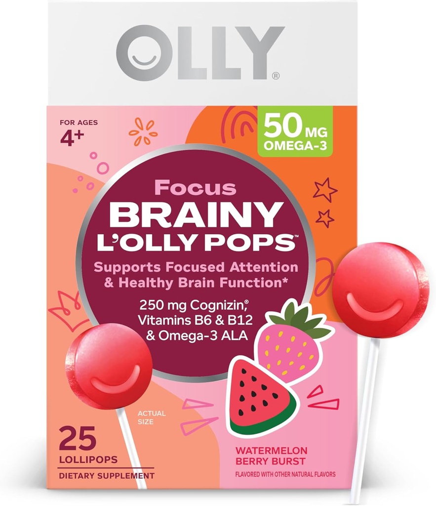 L'OLLY Focus Buddies L'OLLY Pops, Cognizin, Vitamines B6 et B12, Oméga-3 ALA, soutient l'attention focalisée et la fonction cérébrale saine,* Enfants 4+ Supplément alimentaire, Fraise de pastèque aromatisée, 25 Comte