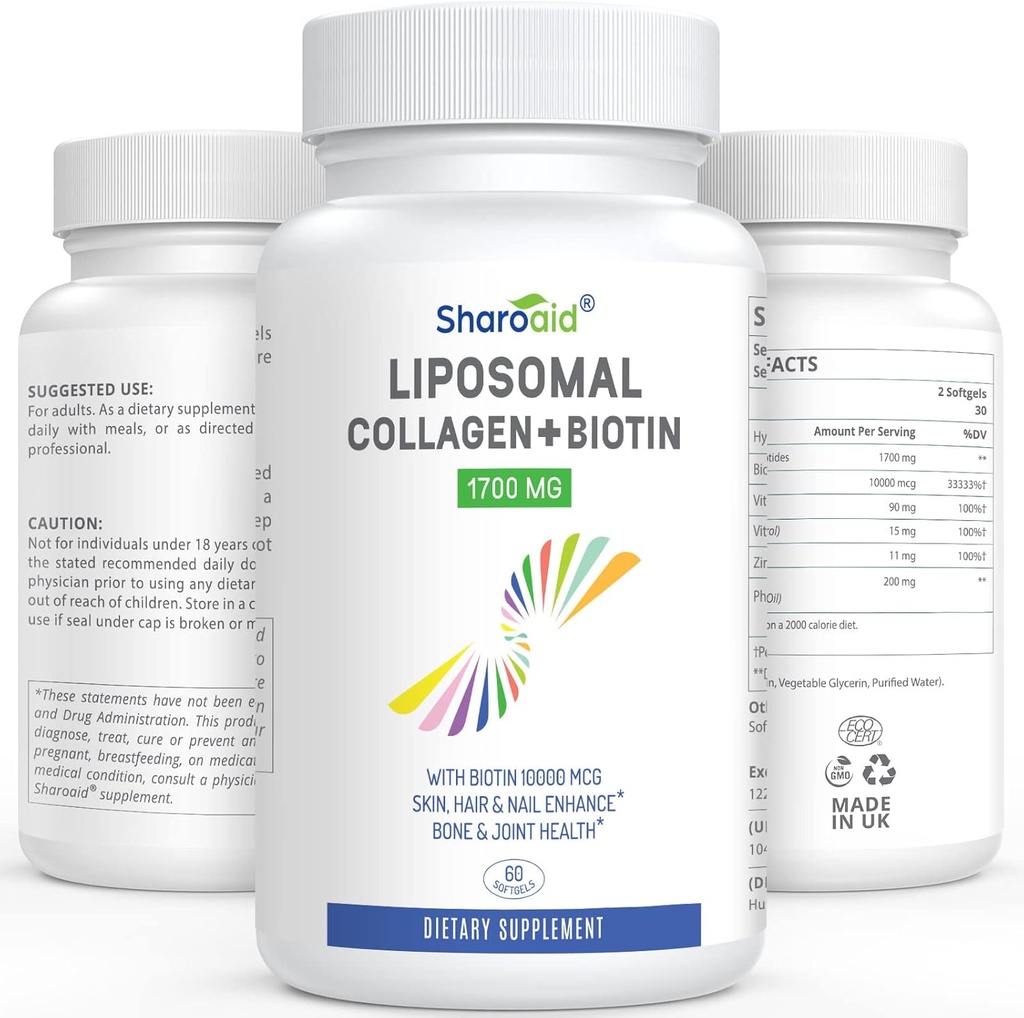 Liposomales hydrolysés Collagène Peptides 1700mg et Biotine 10000mcg Suppléments pour femmes, hommes, haute absorption, vitamine E,C et capsules de zinc pour peau, croissance de l'air, joint et ongles,60 Softgels