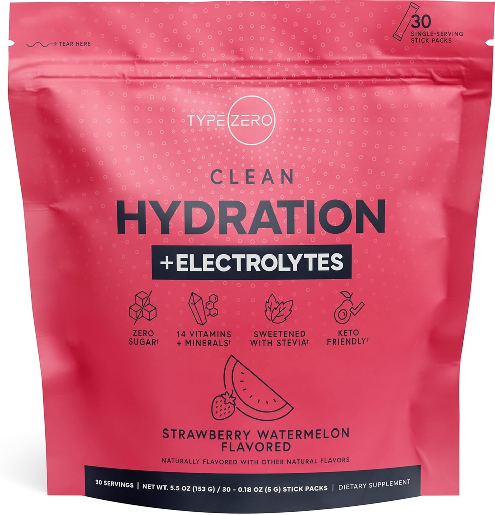 Type Zero Clean Hydratation + Electrolytes Mélange de boisson (30 Packets à usage unique) - Hydratation avancée pour toute occasion (Melon d'eau fraise)