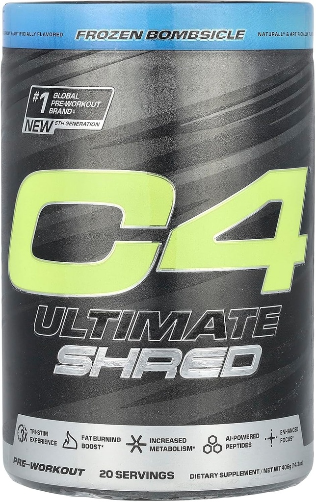 Cellucor C4 Ultimate Shred pré-entraînement poudre, supplément de métabolisme avec Cayenne Extract+300mg Caféine+TeaCrine+Dynamine - Bombes congelées, 20 portions