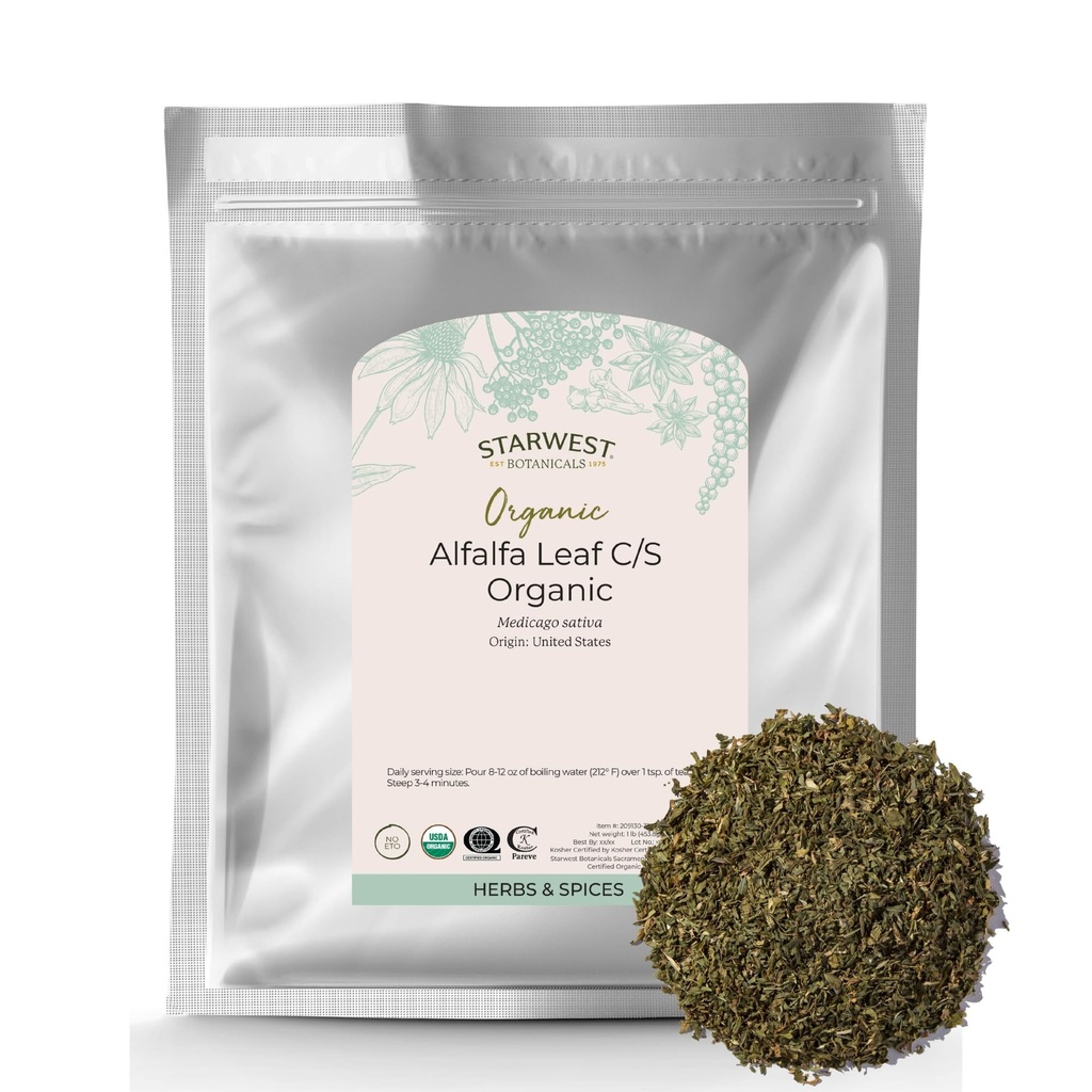 Starwest Botanicals Organic Alfalfa Leaf - L'herbe à feuilles longues séchées pour la nutrition, l'utilisation dans le thé, le jus et les smoothies, coupée et tamisée, certifiée Kosher, non-OGM - vrac 1 lb sac