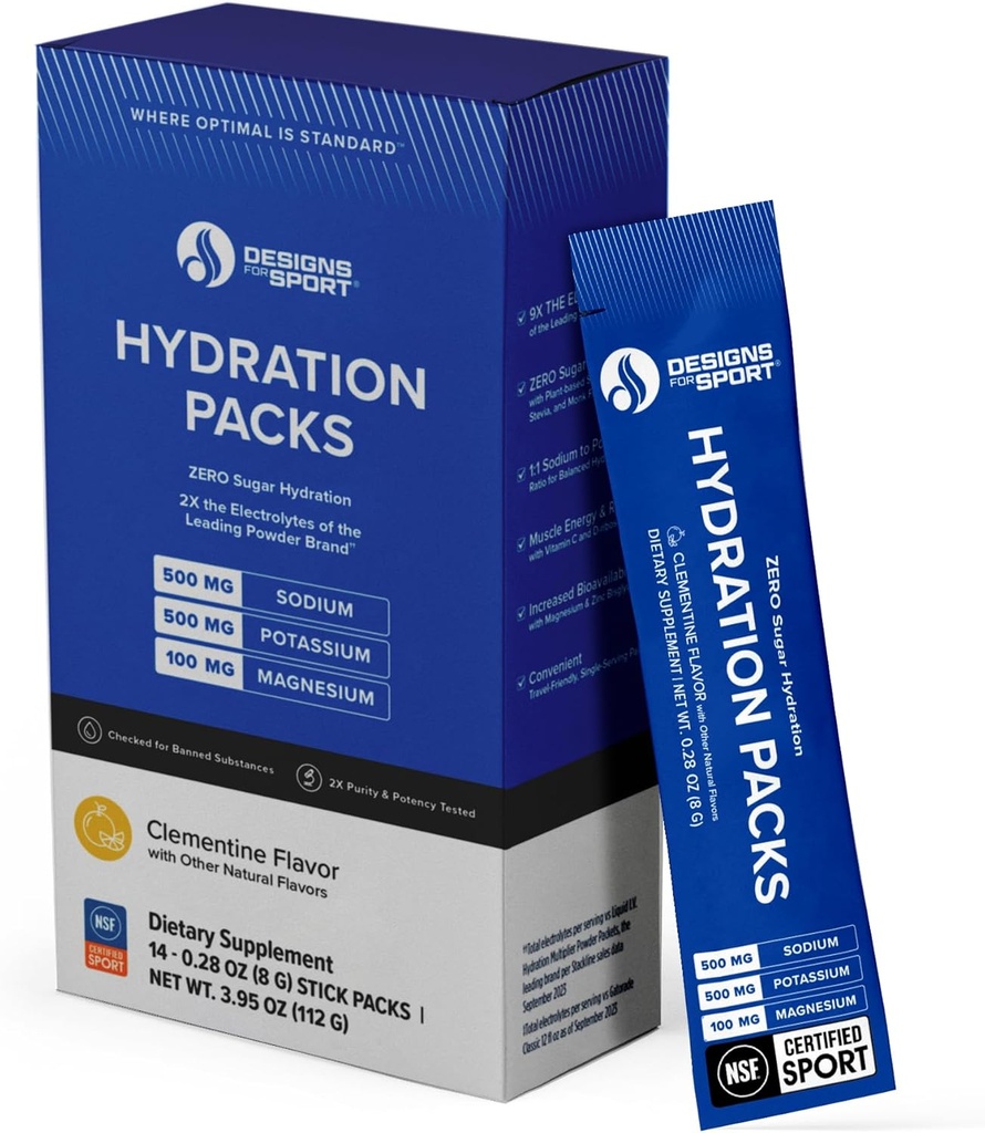 Designs for Sport Hydratation Packs - Zero Sugar Electrolyte Drink Mix - Avec D-Ribose, Minéraux Essentiels et Vitamine C - Sport certifié NSF - Poudre d'hydratation athlétique - Clementine Flavor - 14 Packets