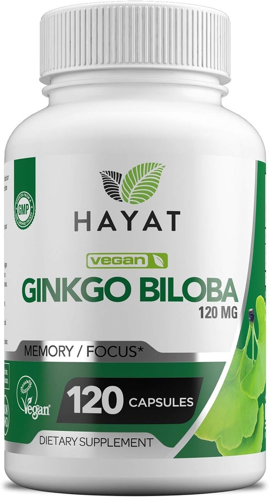 Vitamines HAYAT Ginkgo Biloba végétalien - Extra Strength 500 MG par service, soutient la fonction cérébrale et le soutien de la mémoire, halal certifié, 120 capsules, fabriqués aux États-Unis