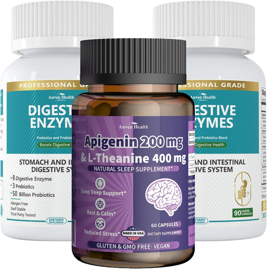 Apigenin avec L-Theanine + Enzymes digestifs Wellness Bundle – Relaxation naturelle, stress et soutien digestif