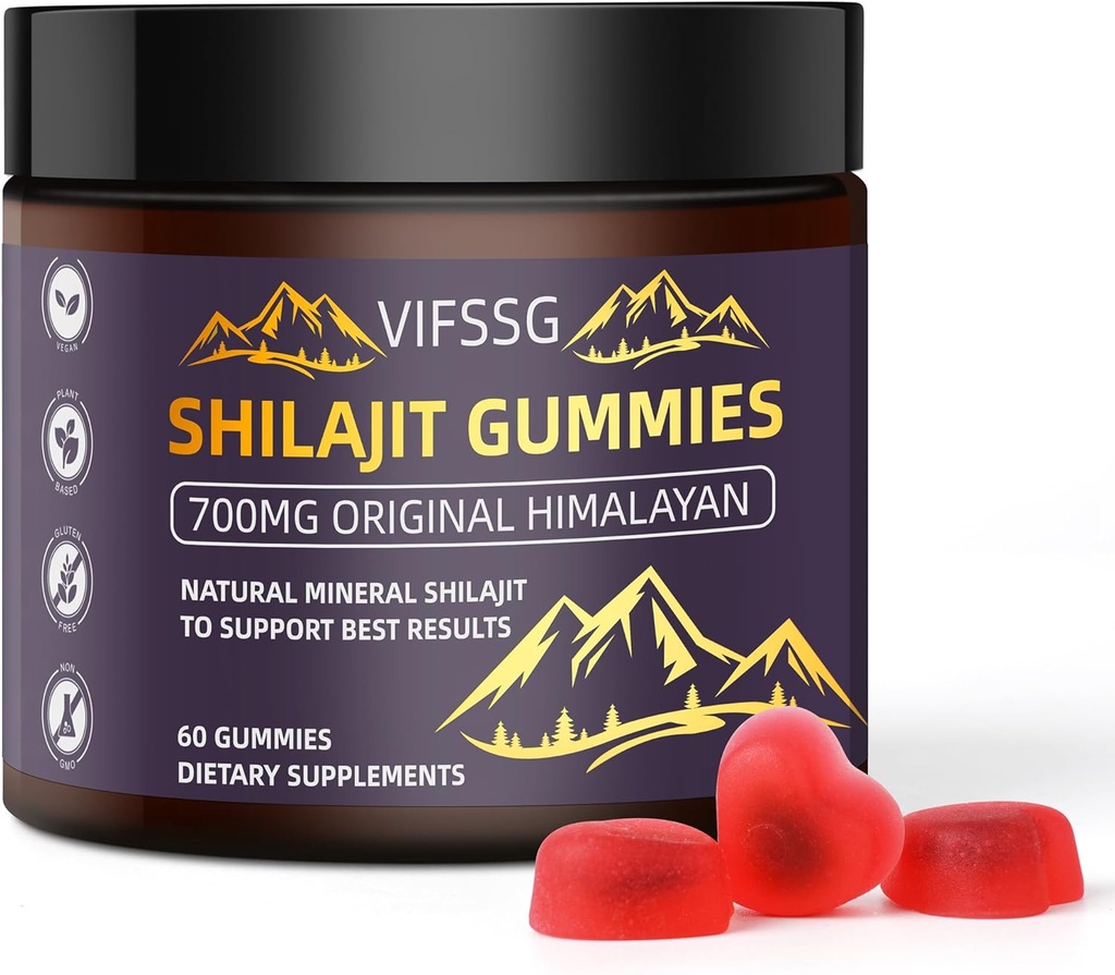 Gummies Shilajit, Gummies sans sucre, 500 Mg Shilajit Pure Himalayan Organic, Supplément Shilajit, Résine Shilajit, Nature Gold Grade Shilajit avec 4 en-1 Complexe pour le soutien énergétique, 60 Gummies