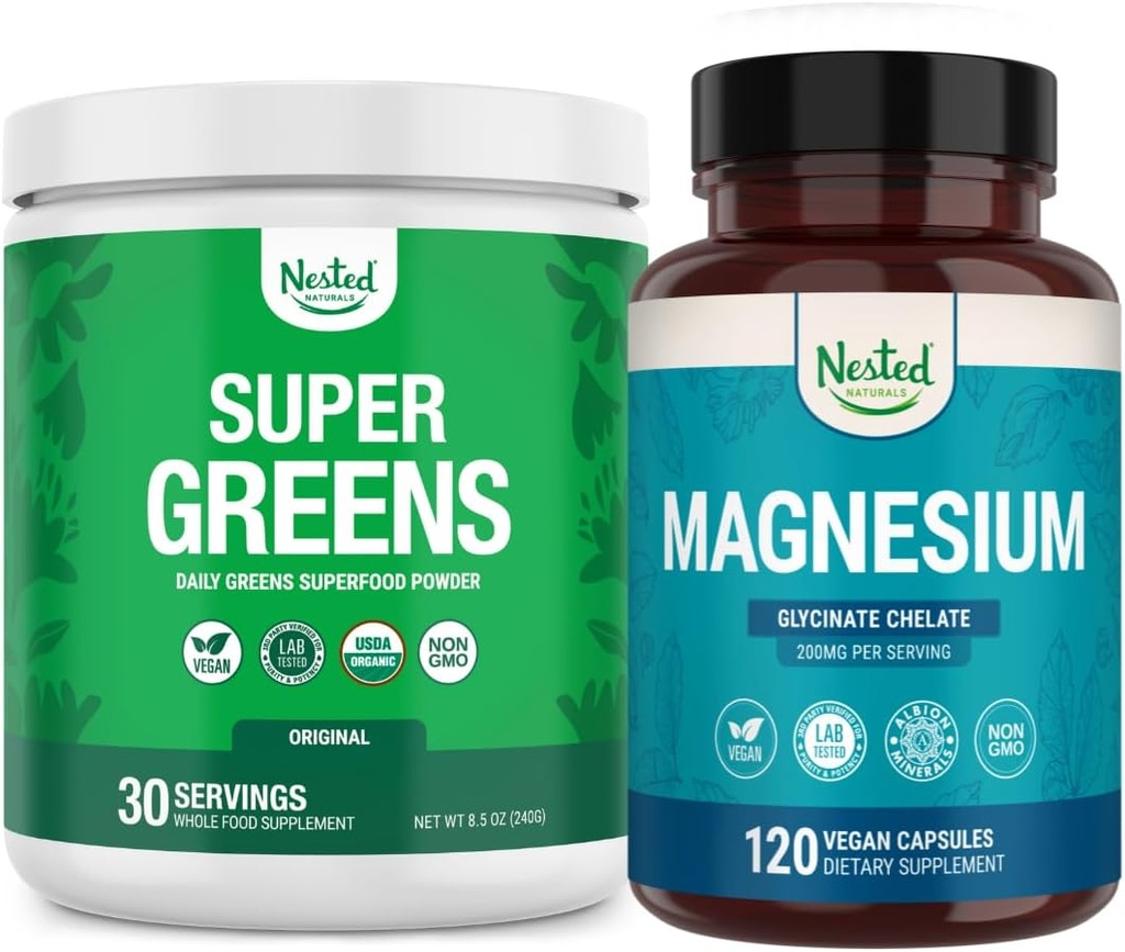 Nested Naturals Super Greens Daily Greens Superfood Powder - Certified USDA Bio Green Powder (30 portions) Magnésium Glycinat Chelate (120 capsules)