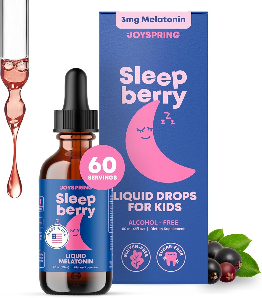 JoySpring Kids Sleepberry Melatonin 3 mg – Aide au sommeil liquide avec L Theanine, gouttes de baies à absorption élevée (2 fl oz) 60 portions, Melatonine pour enfants avec vitamine D Enfants essentiels de voyage