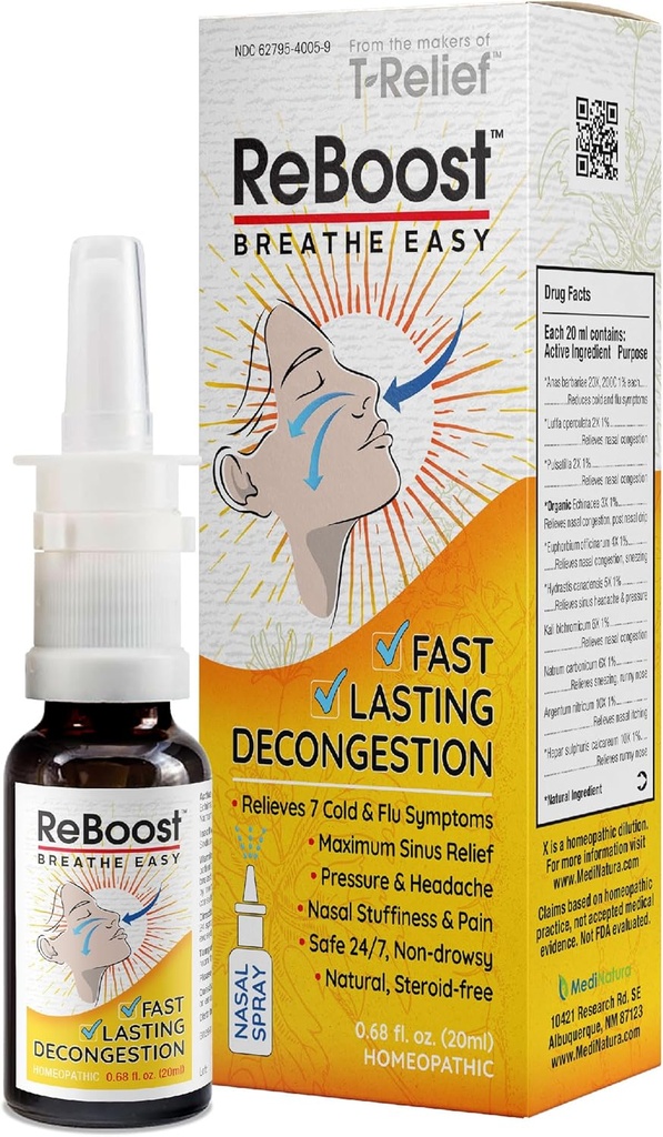 ReBoost Respirer Facile Dégivrage Spray nasal Soulagement des symptômes du rhume et de la grippe à action rapide Ingrédients homéopathiques naturels Aide à calmer Congestion, maux de tête et pression sinusale - 0,68 oz