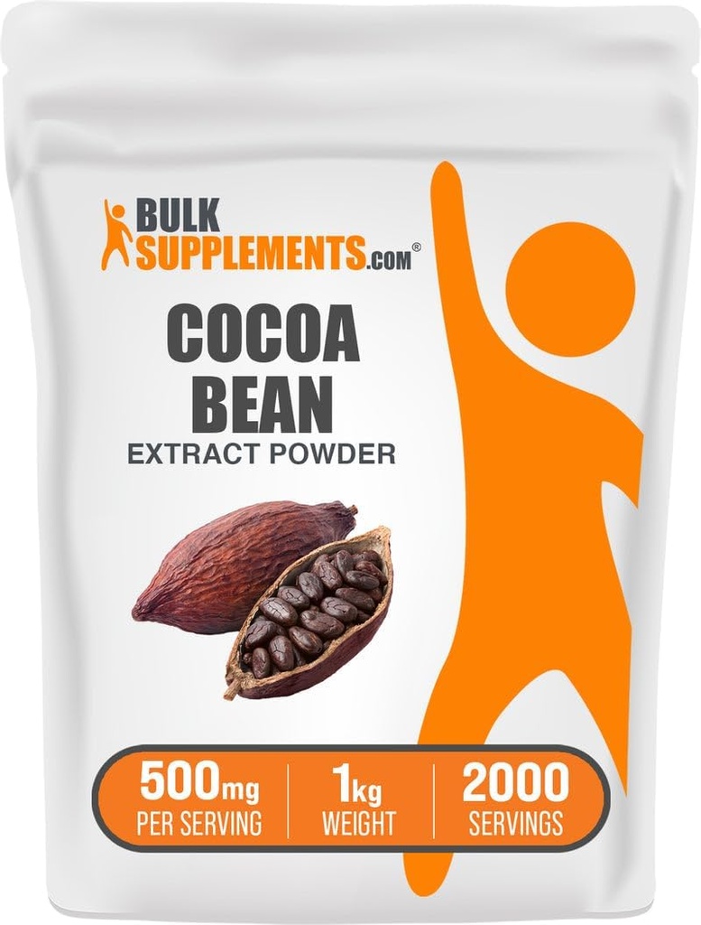 BulkSupplements.com Poudre d'extrait de cacao - Supplément de cacao - Sans sucre, sans végétalien et sans gluten, 500mg par portion, 1kg (2,2 lbs) (paquet de 1)