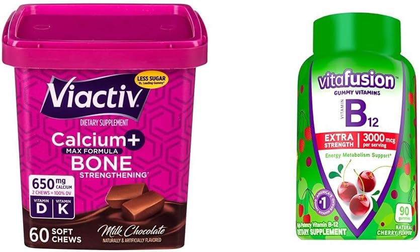 Viactiv Calcium + Vitamine D3 Supplément Chews tendres, chocolat au lait, 60 Chews & Vitafusion Extra Strength Vitamine B12 Vitamines gommy pour le métabolisme énergétique Soutien