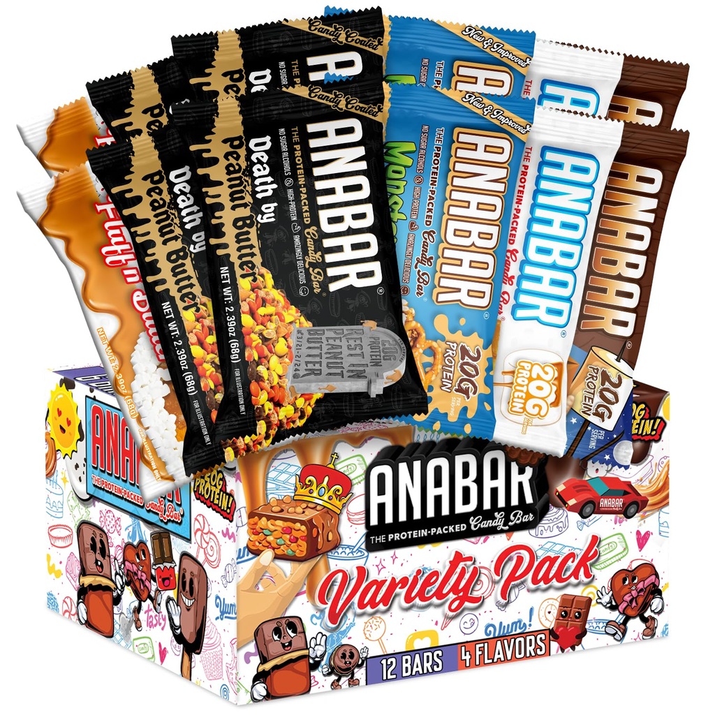 Barre de protéines Anabar, la barre de bonbons emballée en protéines, la meilleure barre de protéines au monde, pas d'alcools de sucre, haute protéine, incroyablement délicieuse, 20 grammes de protéines (12 barres, pack de variétés)