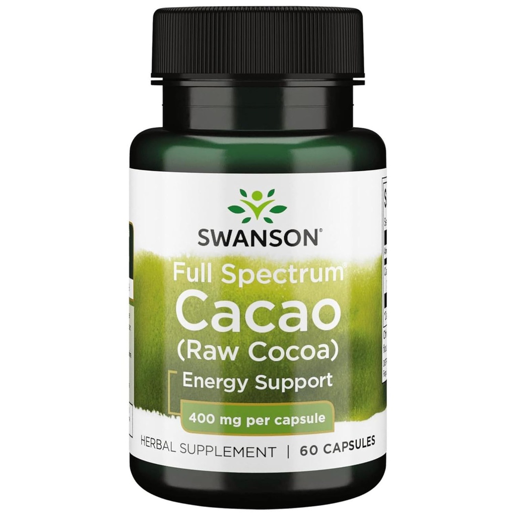 Swanson Full Spectrum Cacao (Raw Cocoa) - Supplément à base de plantes favorisant le soutien énergétique léger - Formule traditionnelle de fruits entiers - (60 capsules, 400 mg chacune)