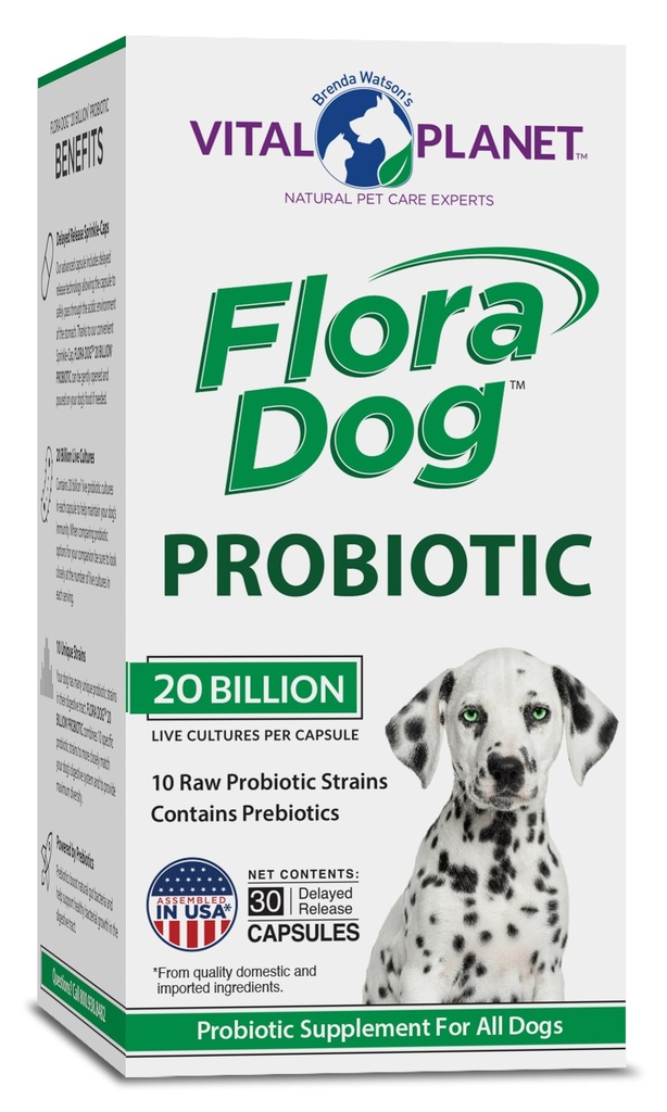 Vital Planet - Flora Dog Probiotic Capsules Supplément avec 20 Millions Cultures et 10 Strains, Immune à haute puissance et soutien digestif probiotiques pour chiens, 30 Capsules à libération différée