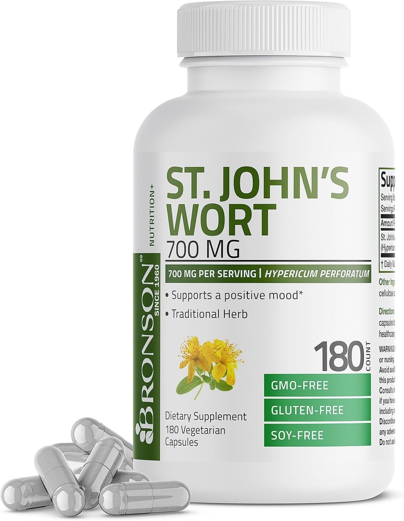 Bronson St. John's Wort 700 MG par portion Hypericum Perforatum soutient une humeur positive - non-OGM, 180 capsules végétariennes