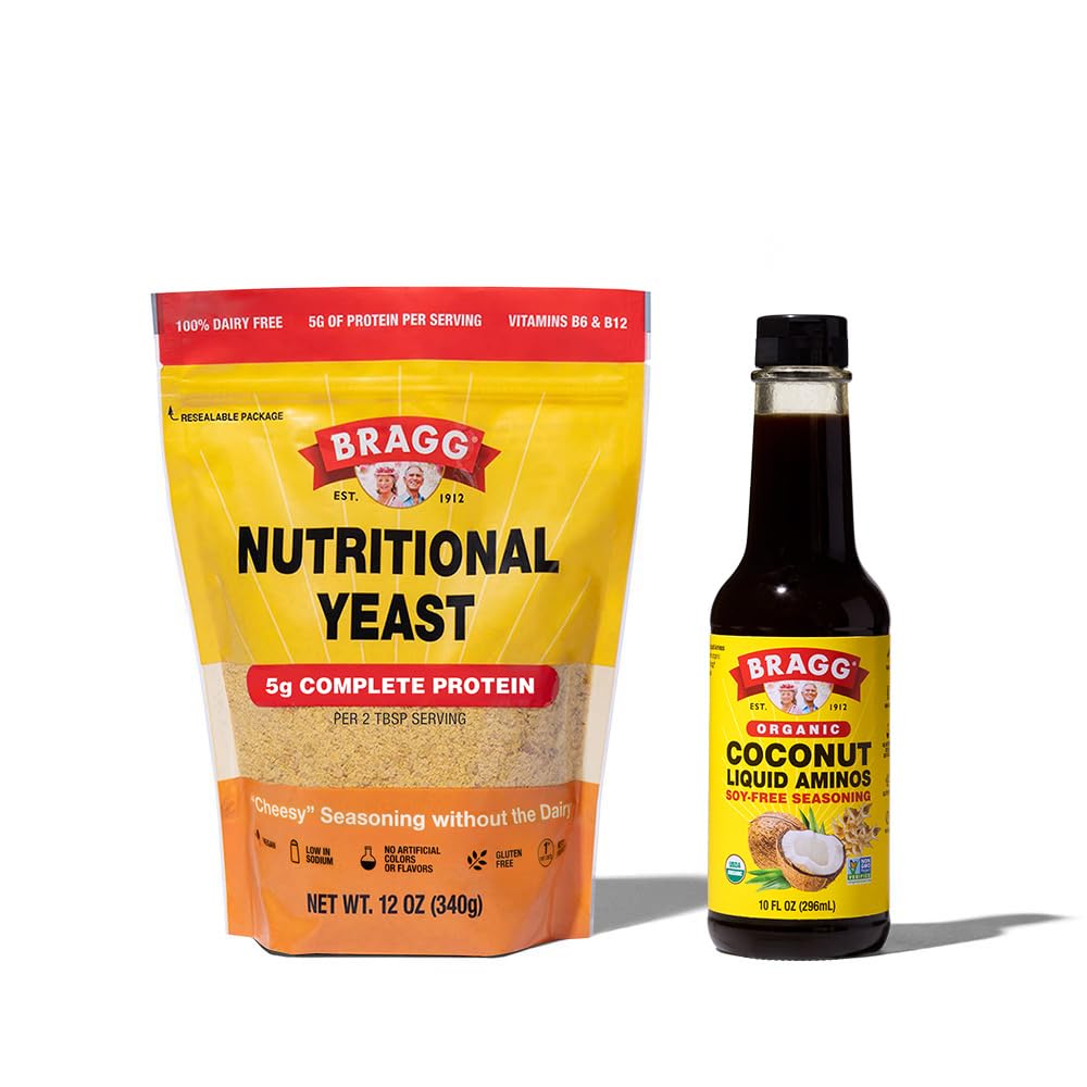Bragg Premium 12 Once Assaisonnement de levure alimentaire - Flacons de fromage végétalien, sans gluten et aminos de noix de coco, assaisonnement à toutes fins utiles, 10 oz, simple