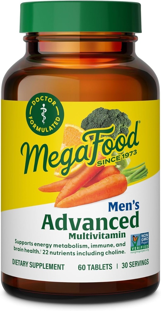 Multivitamine avancée pour hommes MegaFood - Formulée - Choline, Vitamine B12, Vitamine D, Vitamine C & Zinc - Santé cérébrale et immunitaire - Non-OGM - Végétarien - 60 onglets (30 portions)