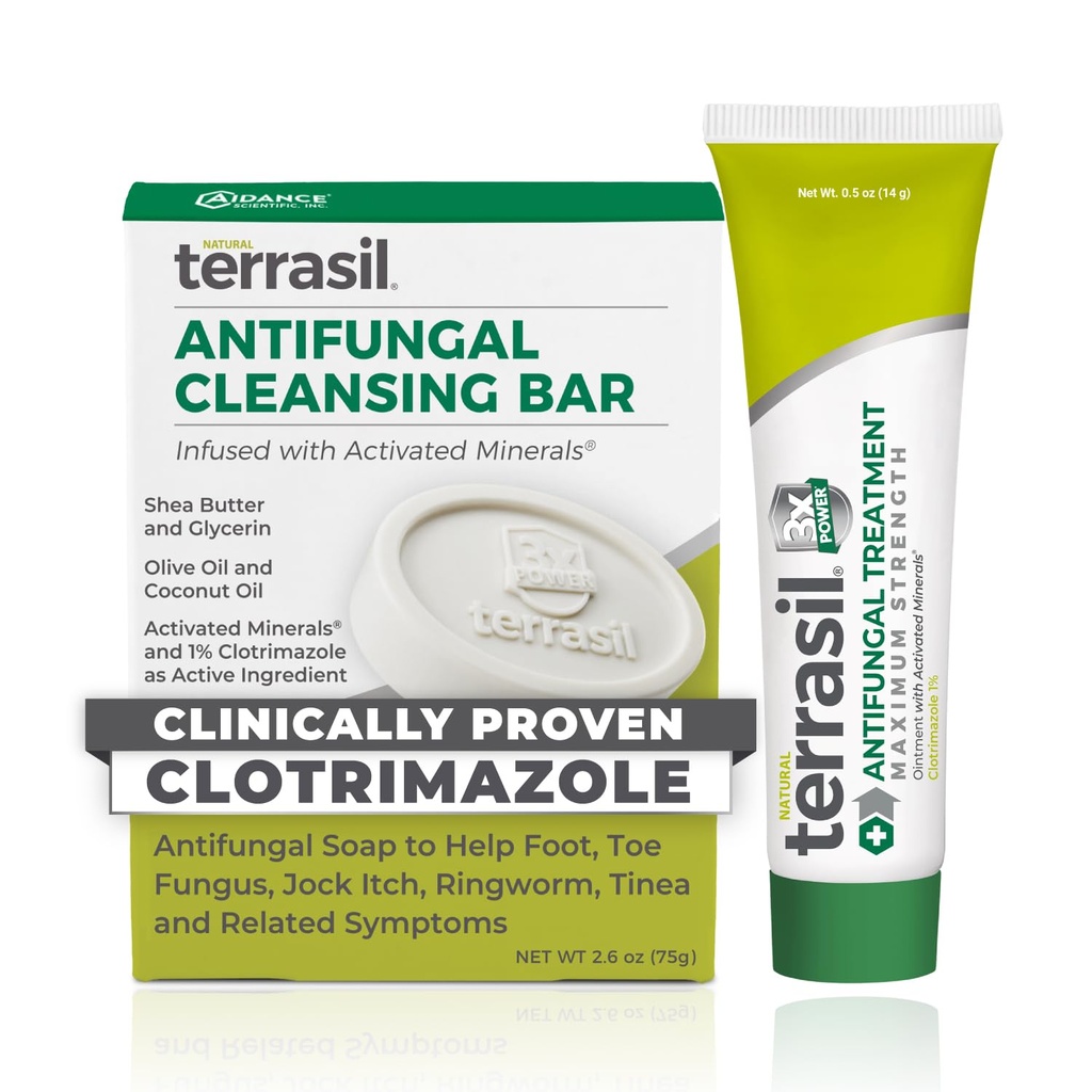 Traitement antifongique terrasil (2-Kit de produit 14g Tube + 75g Barre de savon) Crème antifongique avec Clotrimazole et ingrédients naturels, Relief pour la vermine, Jock Ditch, Athlètes Pied, Fungal Yeast Infection