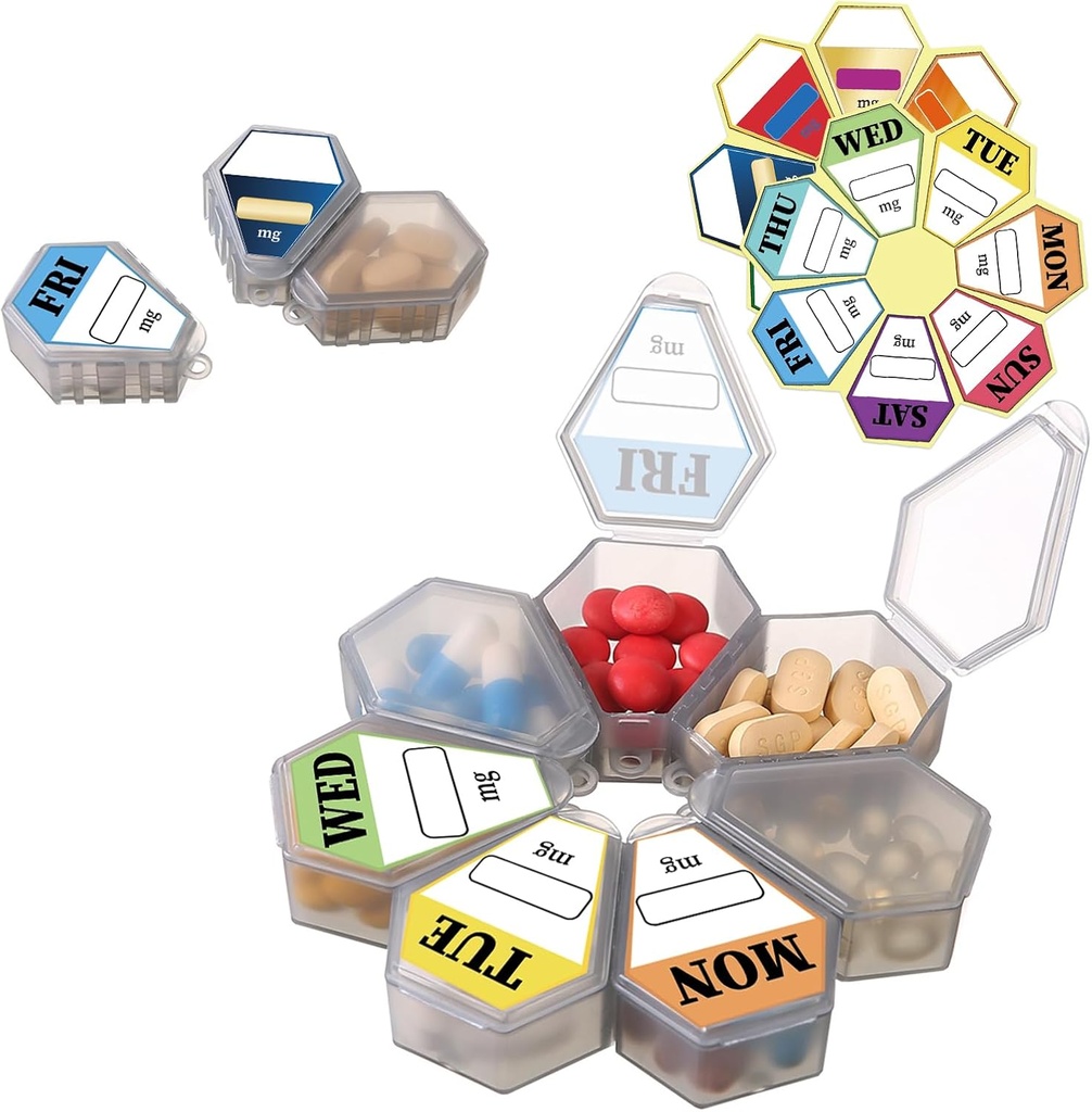 Set d'organisateur de pilules de voyage 7-en-1 - Assembler dans une grande boîte circulaire ou utiliser séparément - Comprend 7 composants de petites boîtes à pilules (1paquet gris avec 14 stickers étiquette)