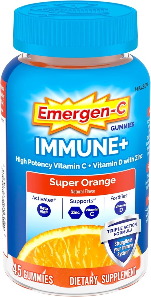 Emergen-C Immune+ Triple Action Immune Support Gummies, BetaVia (R), 1000mg Vitamine C, B Vitamines, Vitamine D et Antioxydants, Super Orange, Retour à l'essentiel de l'école - 45 Compte