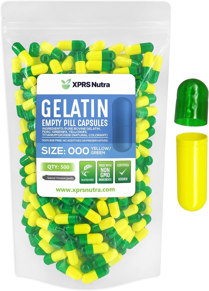 XPRS Nutra Taille 000 Capsules vides - 500 Compte Capsules de gélatine vides - Supplément de bricolage Capsule de remplissage - Pilules de gel de couleur rechargeable (vert/jaune)