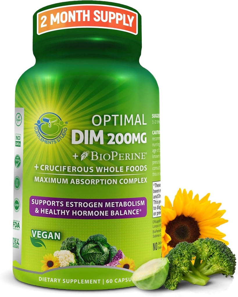Supplément optimal DIM 200mg pour les femmes et les hommes - Fabriqué avec des aliments entiers organiques - Estrogène et équilibre hormonal Soutien Complexe Diindolylméthane - Absorption maximale Capsules de libération retardée - 60 Compte