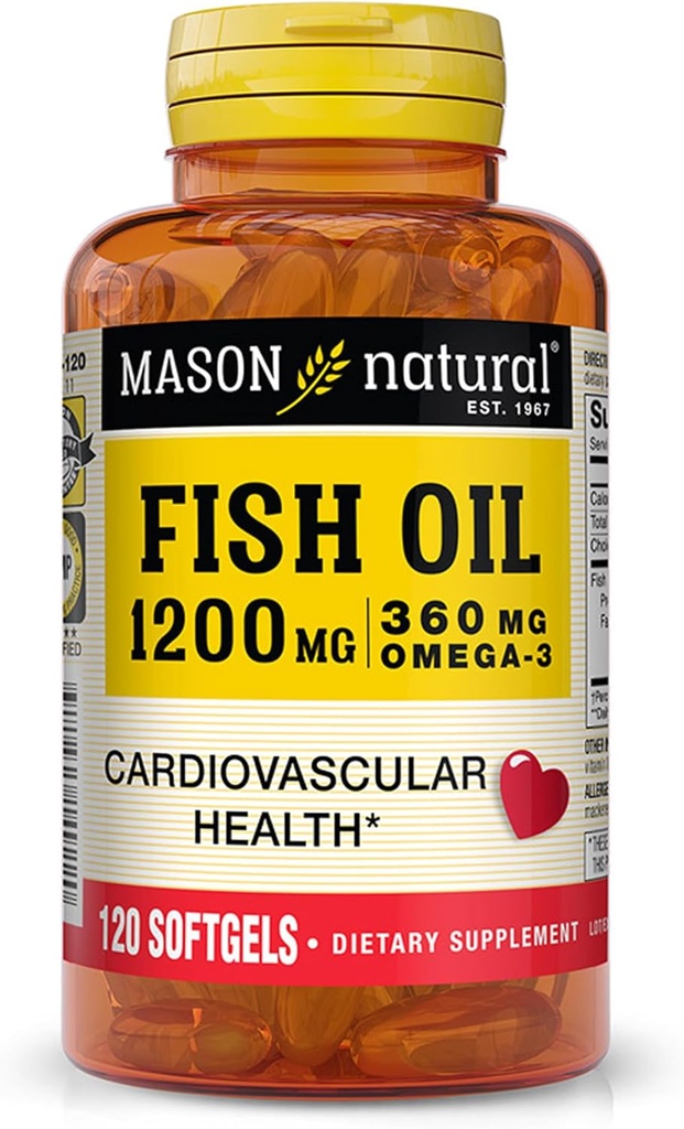 MASON NATURAL Huile de poisson 1200 mg Omega-3 360 mg - coeur en santé, soutient la fonction circulatoire, amélioration de la santé cardiovasculaire, 120 Softgels