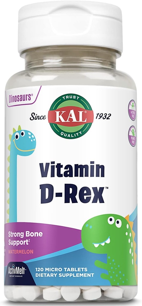 KAL Vitamine D-Rex, Vitamine D pour enfants, Saveur de pastèque naturelle Dissoudre instantanément, Immune, coeur, os et soins buccaux, 120 portions, 120 micro comprimés