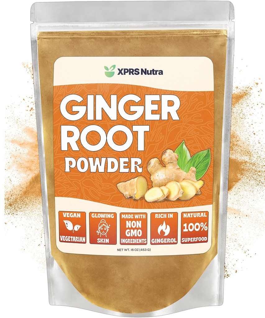 XPRS Poudre de gingembre Nutra - Poudre de racine de gingembre de qualité supérieure avec parfum d'épicéa - Poudre de gingembre de qualité supérieure - Gingembre en poudre d'origine végétale de qualité supérieure (16 once)