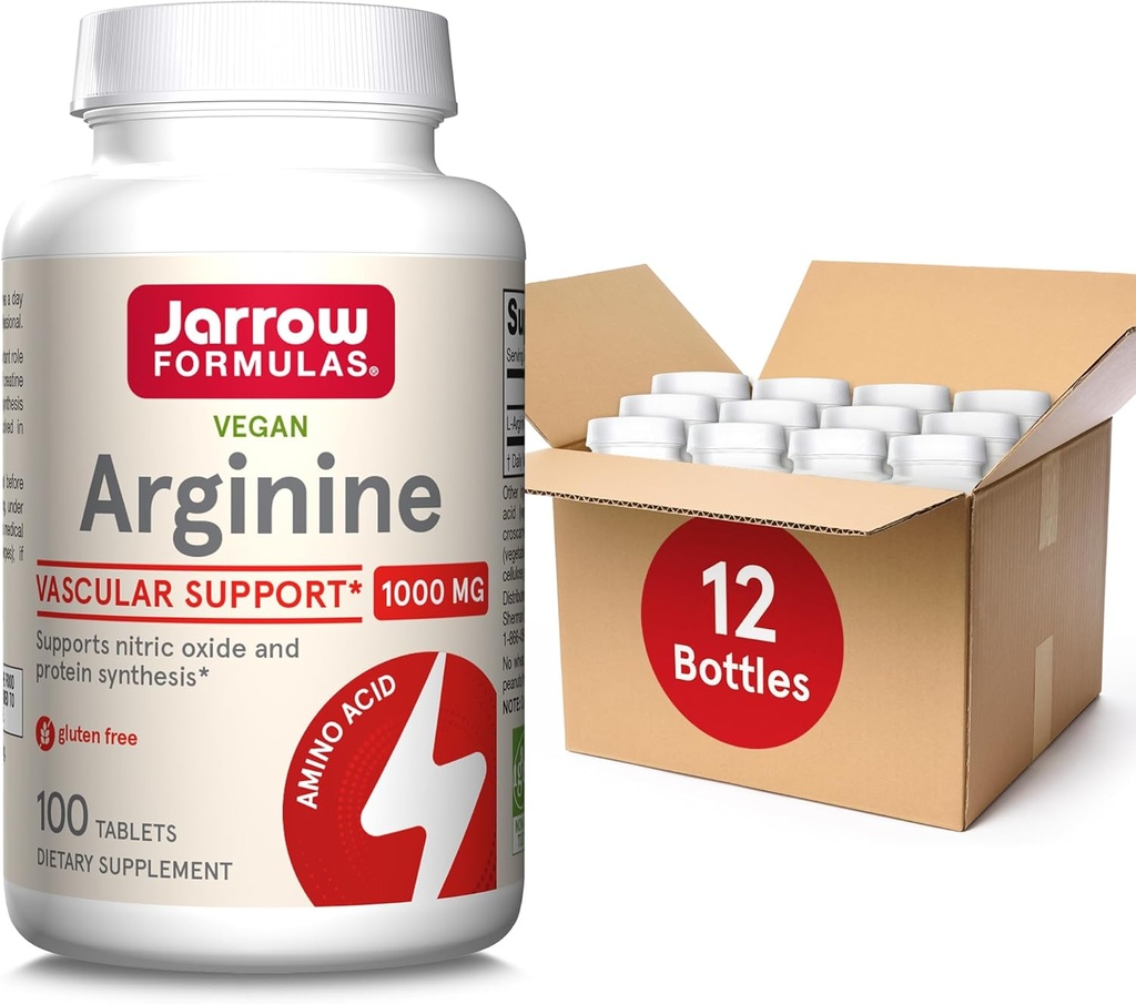 Jarrow Formulas Arginine 1000 mg, Dietary Supplement, Supports Nitric Oxide Production, Supports Protein Synthesis, 100 Tablets, Up to 100 Day Supply(Pack of 12)