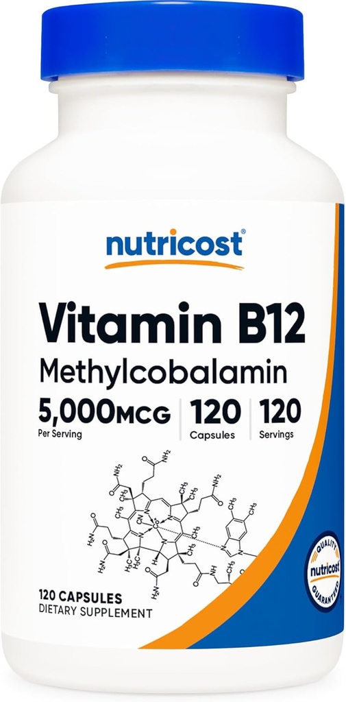 Nutricost Vitamine B12 (méthylcobalamine) 5000mcg, 120 Capsules - Bouchons végétariens, Non-OGM, Supplément sans gluten B12