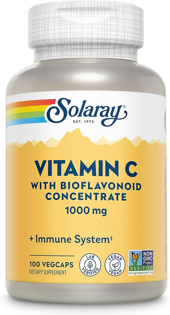 SOLARAY Vitamin C 1000mg with Bioflavonoids Concentrate - Vitamin C Capsules with Rose HIPS and Acerola Cherry - Antioxidant, Heart Health and Immune Support Supplement, Vegan, Non-GMO, 100 Servings