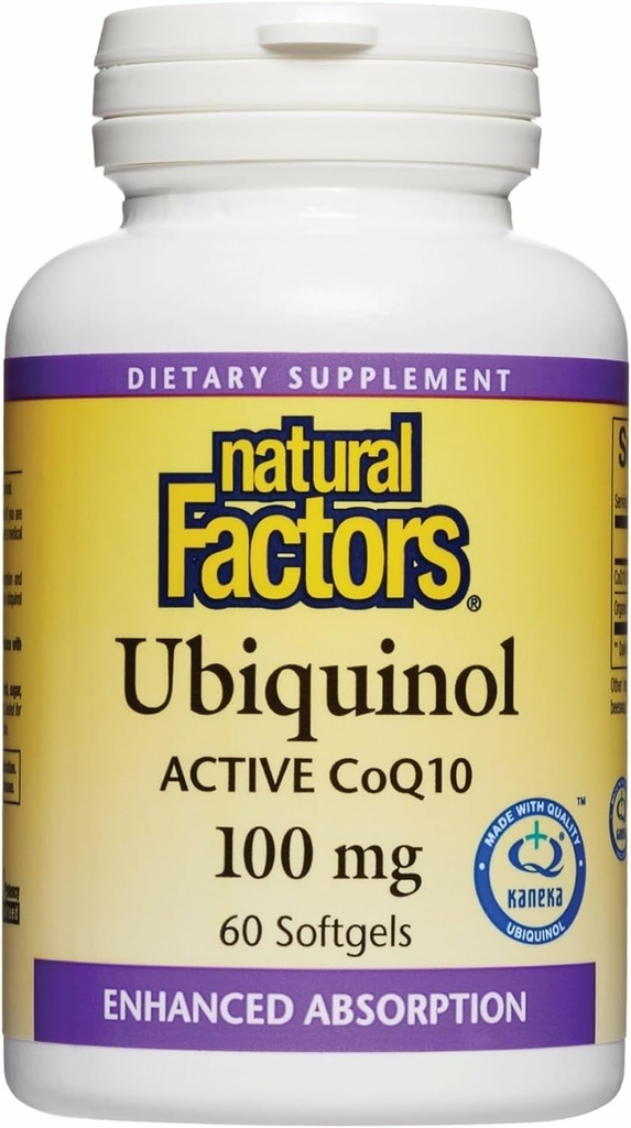 Facteurs naturels Ubiquinol 100 mg - soutient la santé cardiaque et la vitalité naturelle - Supplément de soutien antioxydant avec absorption supérieure - Soutien énergétique avec huile de lin - 60 Softgels (60 portions)