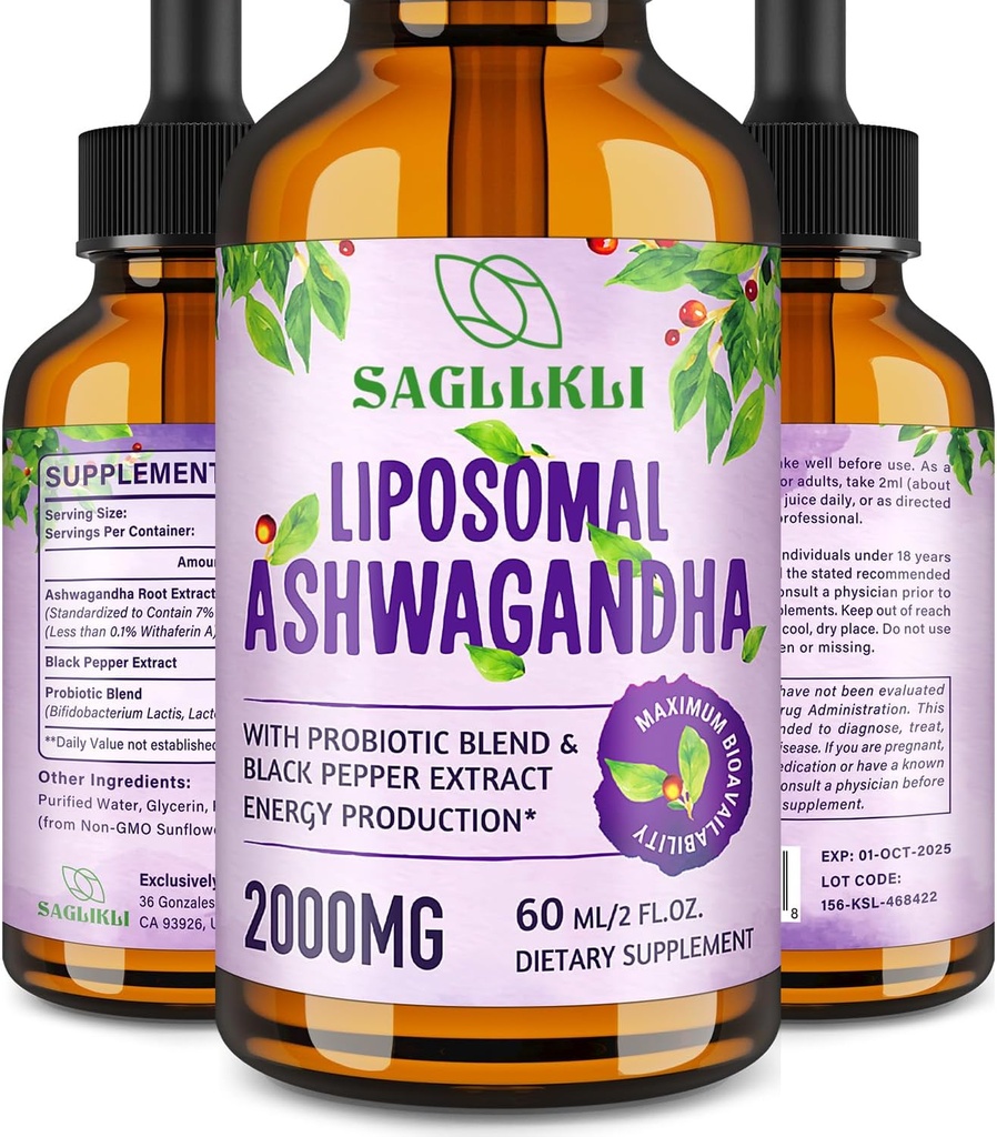 Liposomique Ashwagandha gouttes liquides 2000mg, supplément d'extrait de racine Ashwagandha (7% Withanolides) avec extrait de poivre noir et probiotiques pour focus, cognition et énergie - 2 FL.OZ (1 bouteille)